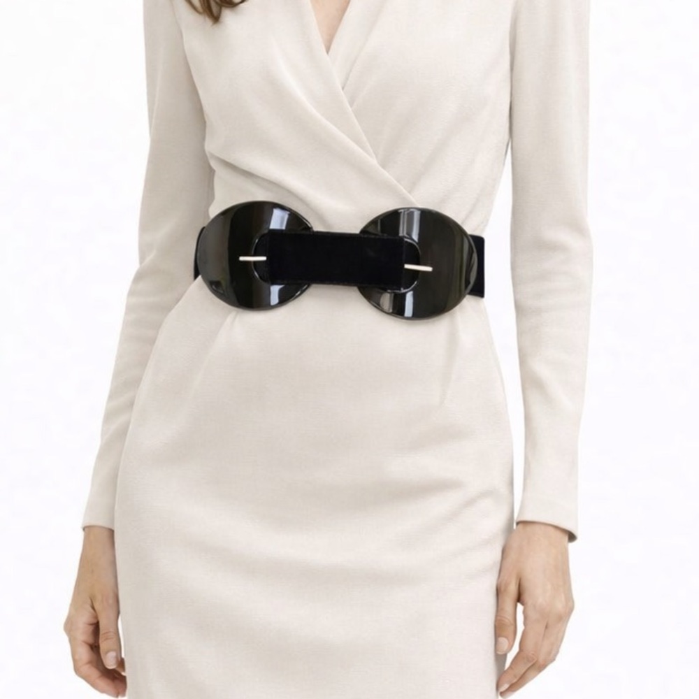 Giorgio Armani High End Black Velvet Wide Belt with Glossy Disc Buckle, Size 85